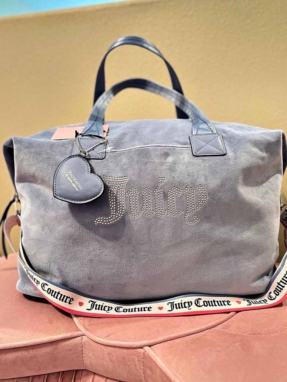 Juicy Couture Wordplay Slate Blue Velour Weekender Duffle Bag